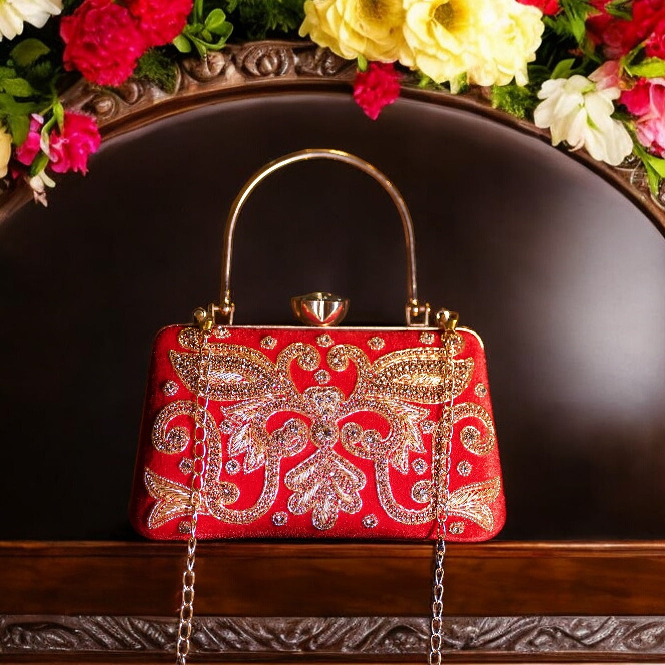 red clutch bag designer