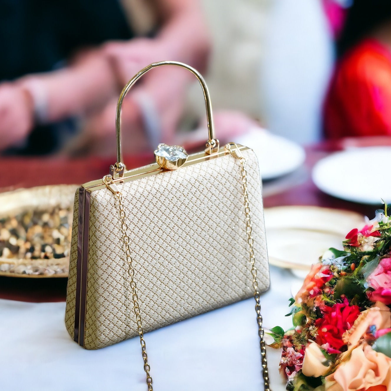 cream designer clutch bag